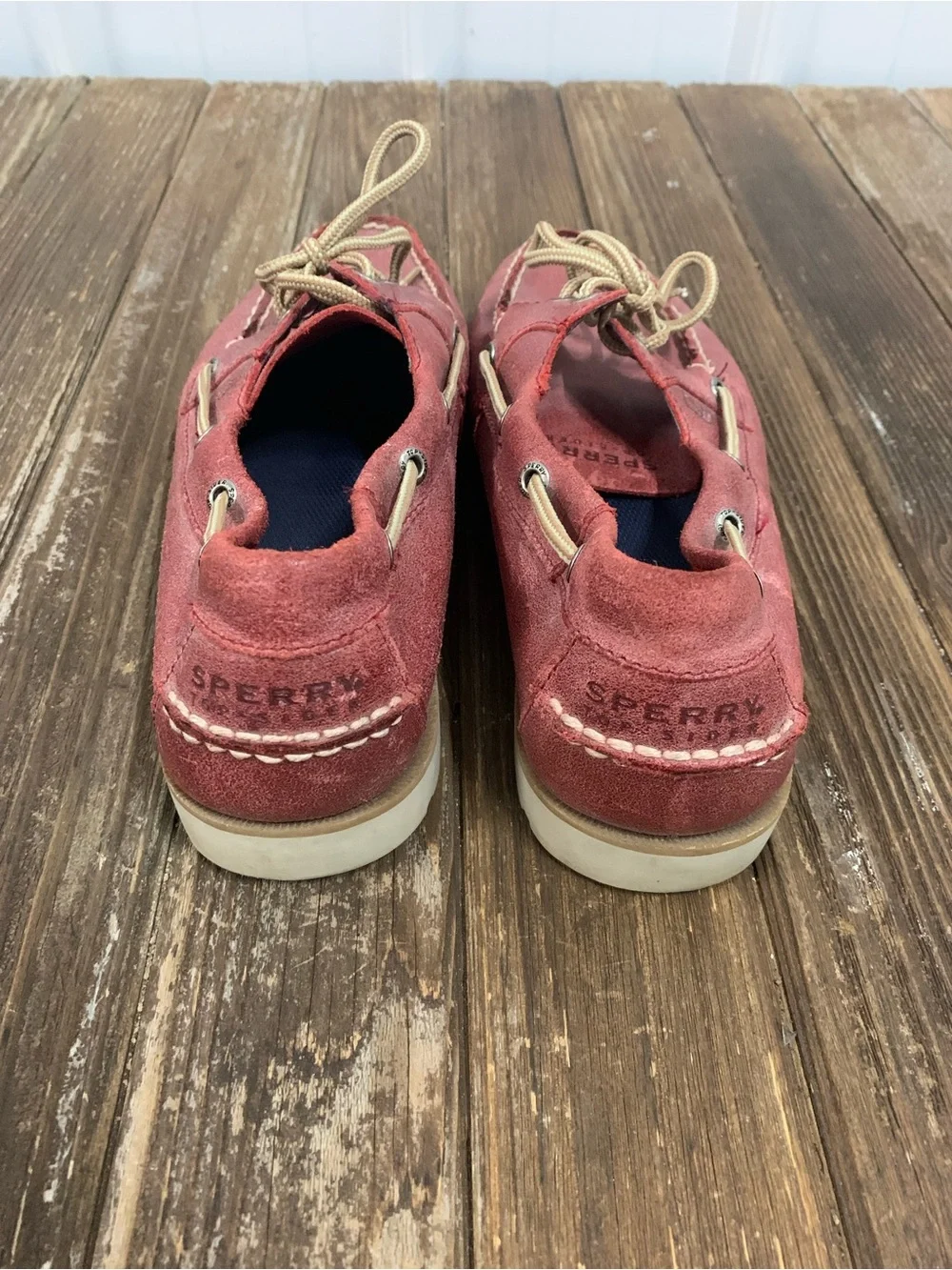 Sperry Distressed Red Leather Boat Shoes with Tan Laces